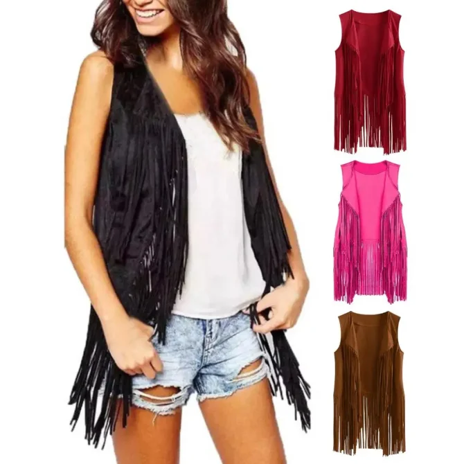 Women Cardigan Tassel Fringed Vintage Western Cowboy Cosplay Sleeveless Stage Vest
