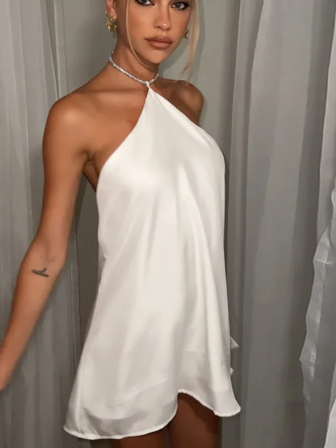 Women White Stain Halter Fashion Sleeveless Lace Up Loose Backless Dresses