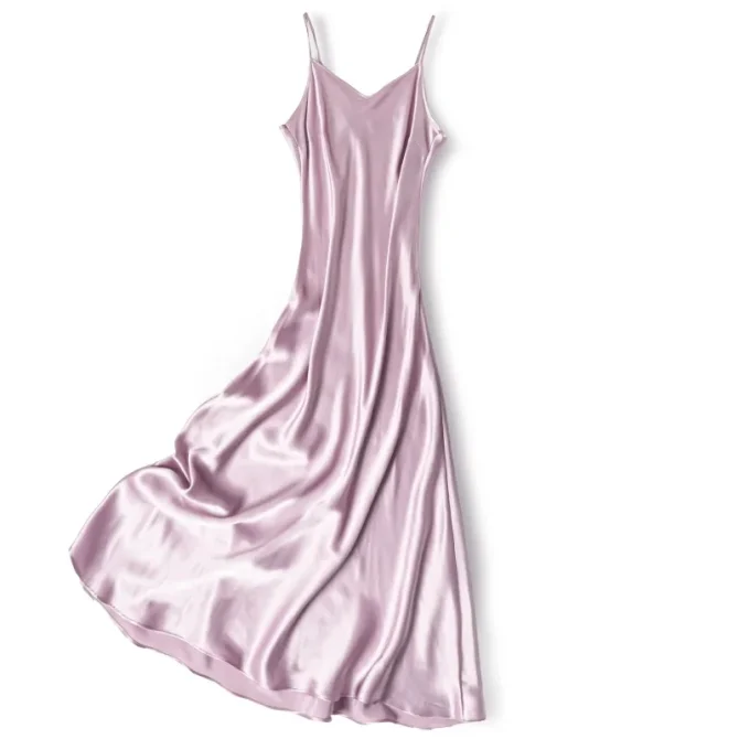 Natural Mulberry Silk Plain Satin French V-neck Diagonal Cut Women's Sexy Solid Suspender Dress - Image 3