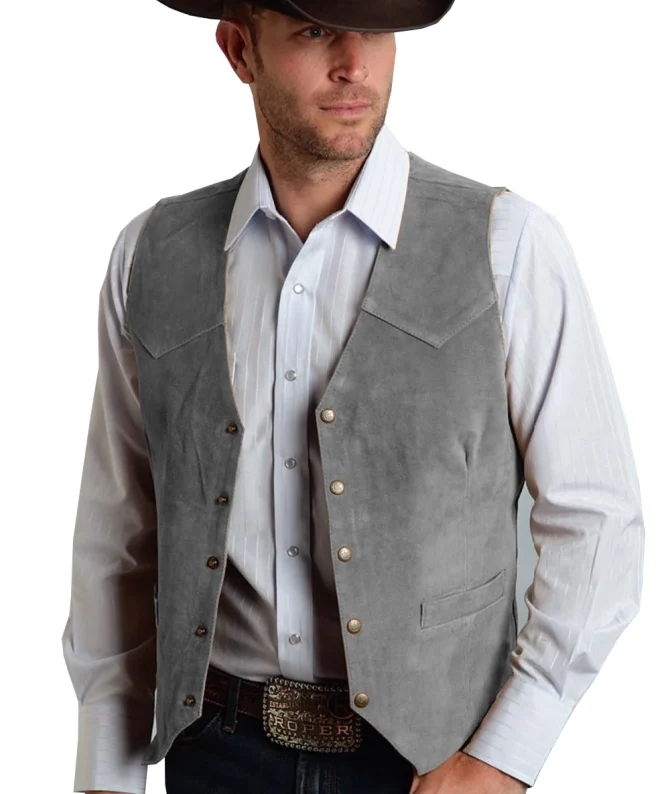 Brown Vest Men's Formal Business Suit Suede Waistcoat Groomsmen For Wedding New Cowboy - Image 15