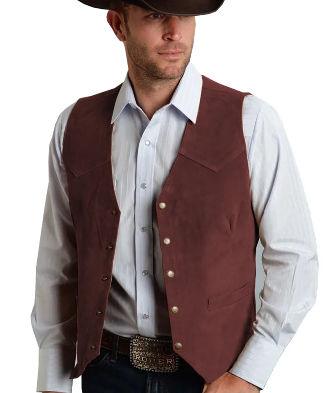 Brown Vest Men's Formal Business Suit Suede Waistcoat Groomsmen For Wedding New Cowboy - Image 4