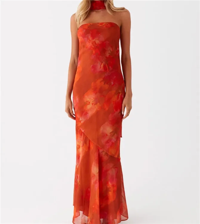 Womens Floral Strapless Y2k Backless Tube Long Dresses - Image 2
