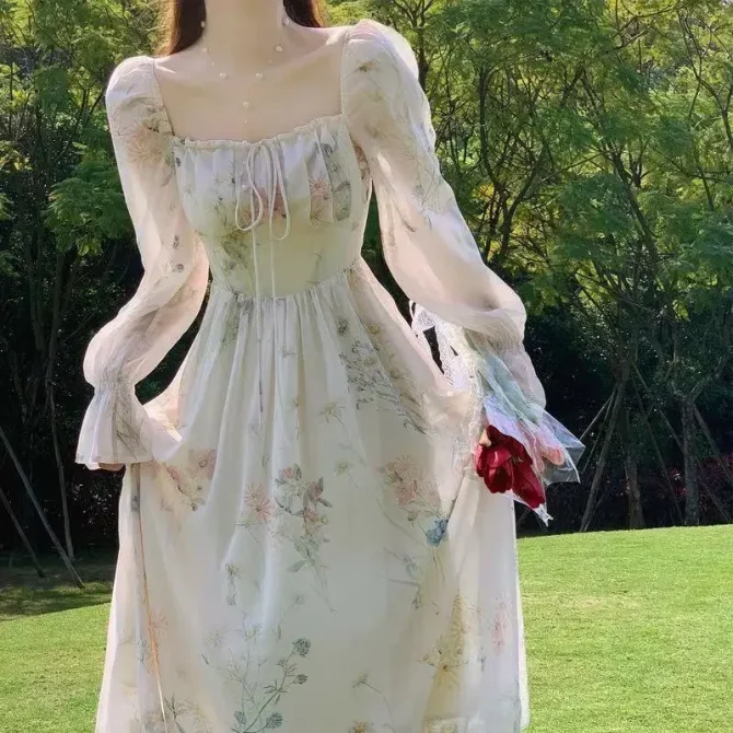 2024 Spring Summer New Chiffon Fragrant Long Sleeve Dresses