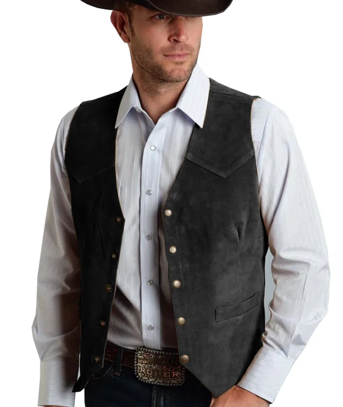Brown Vest Men's Formal Business Suit Suede Waistcoat Groomsmen For Wedding New Cowboy - Image 3