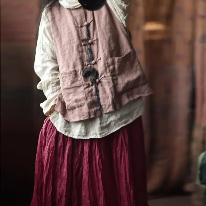 Arts Style Women Sleeveless Single Breasted Short Vintage Cotton Linen Double-deck Loose Vest - Image 2