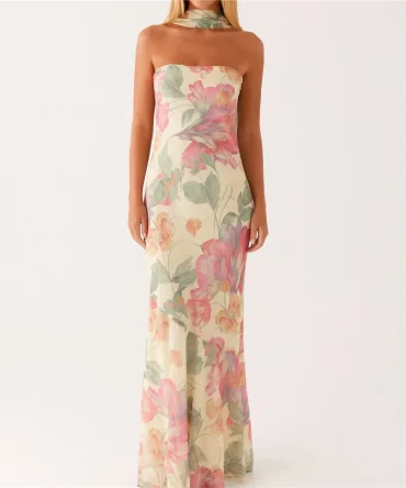 Womens Floral Strapless Y2k Backless Tube Long Dresses