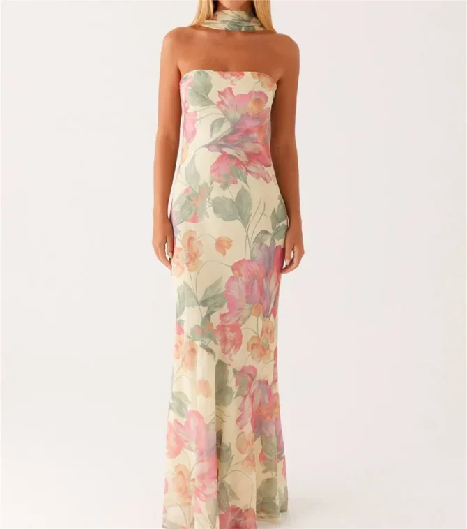 Womens Floral Strapless Y2k Backless Tube Long Dresses