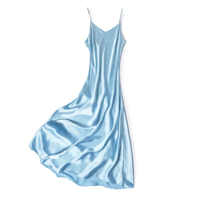 Natural Mulberry Silk Plain Satin French V-neck Diagonal Cut Women's Sexy Solid Suspender Dress - Image 2