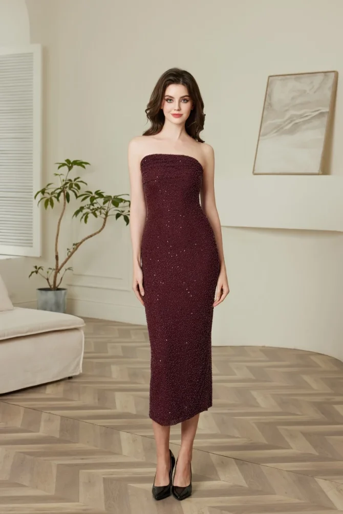 Wine Red Strapless Bodycon Party Club Evening Dresses