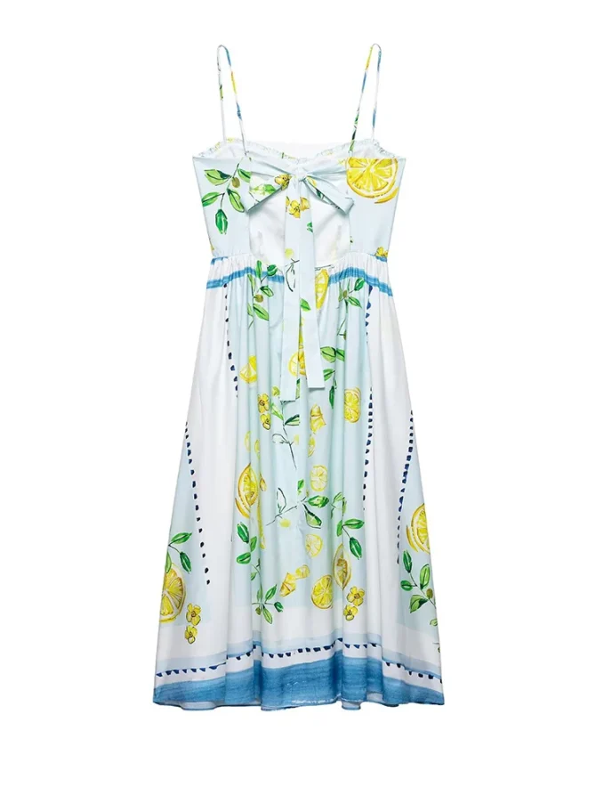 Women Fashion Printed Pleated Back Bow Lace Up Zipper Midi Dresses - Image 2