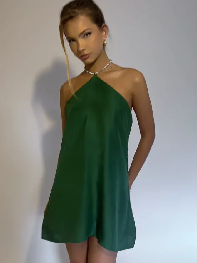 Women White Stain Halter Fashion Sleeveless Lace Up Loose Backless Dresses - Image 4