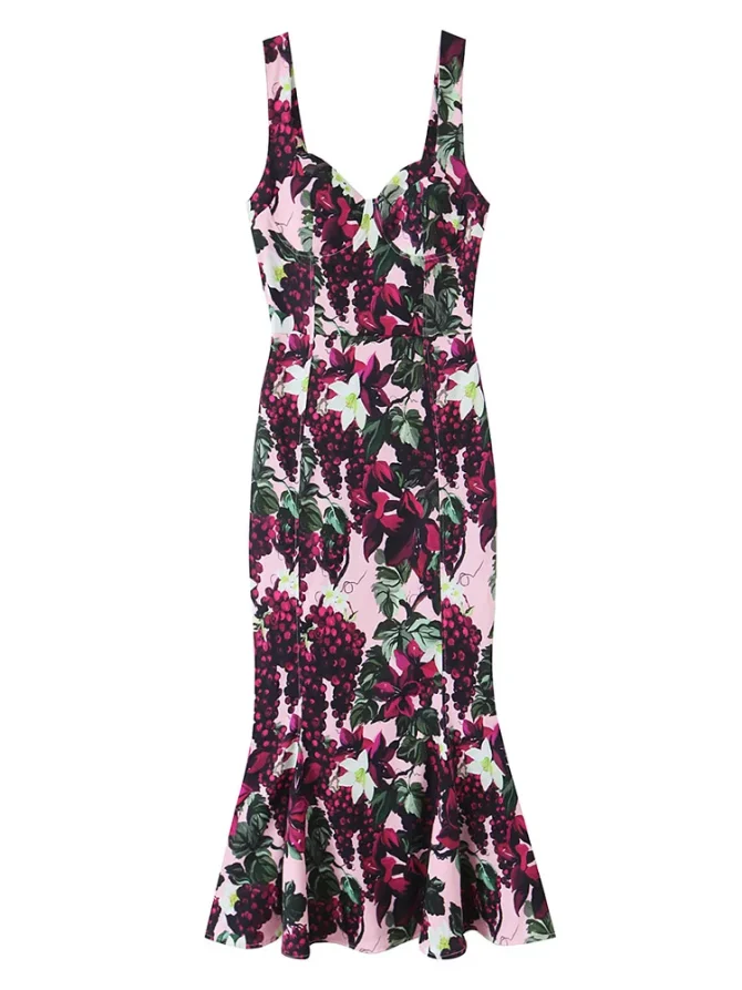 Women Fashion Printed Backless Side Zipper Straight Midi Dresses