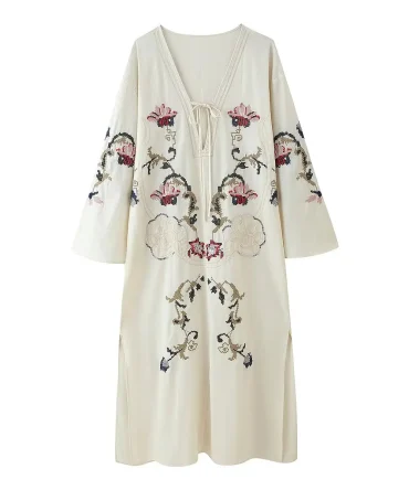 Summer New women's Casual Fashion Loose V-neck Long-Sleeved Flower Embroidered Mid-Length Dress