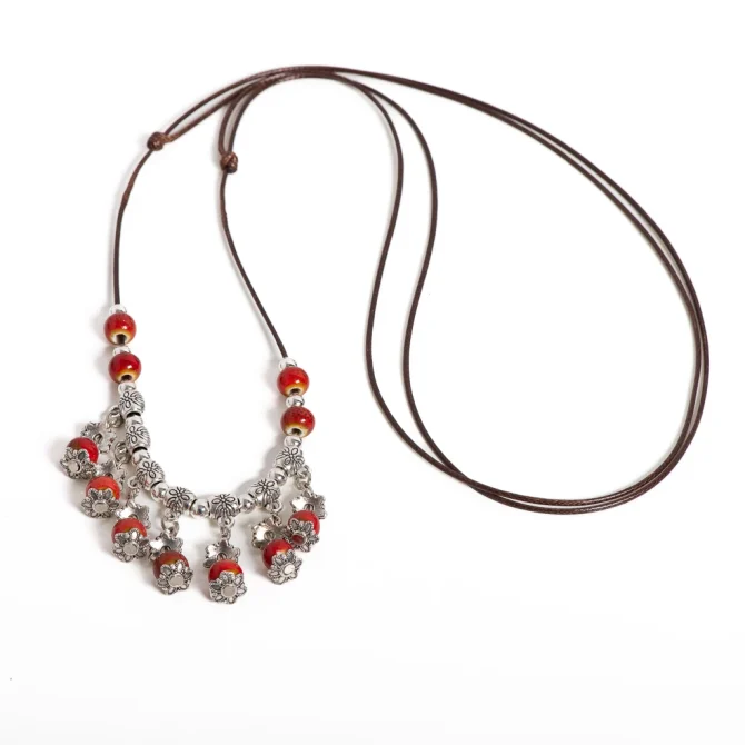 Handmade Ceramic Beaded Necklace Adjustable Vintage Ethnic Floral Pendant Jewelries