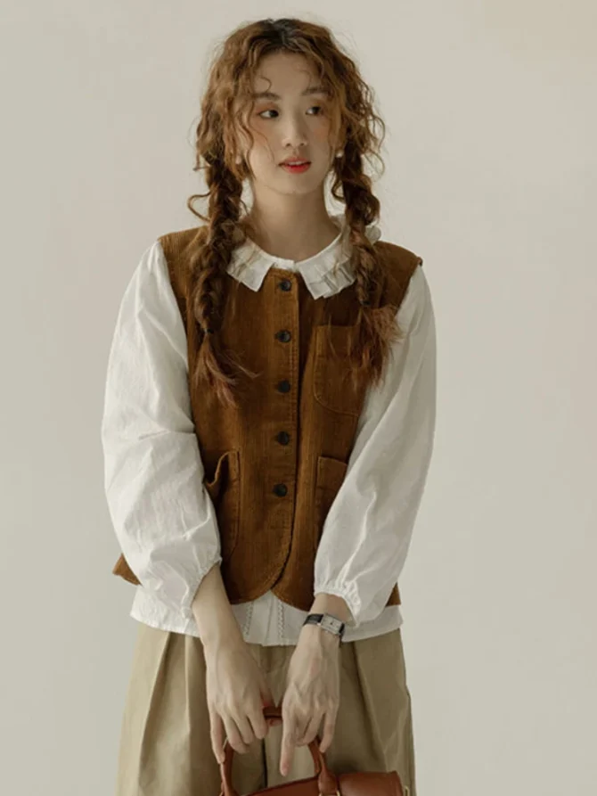 Japanese Style Solid All-match Comfortable Corduroy Design Warm Simple Vests - Image 2
