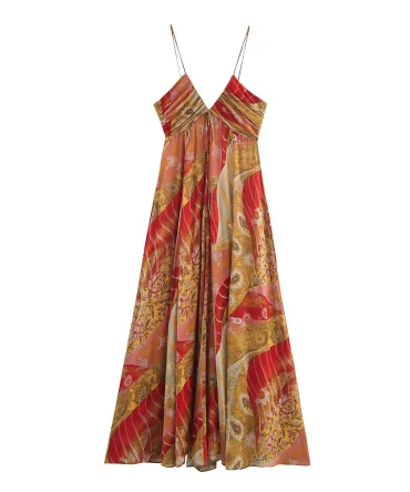 European and American Style Slim Fit Sexy Backless Printed Midi Dress