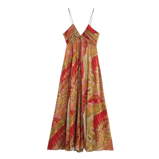 European and American Style Slim Fit Sexy Backless Printed Midi Dress