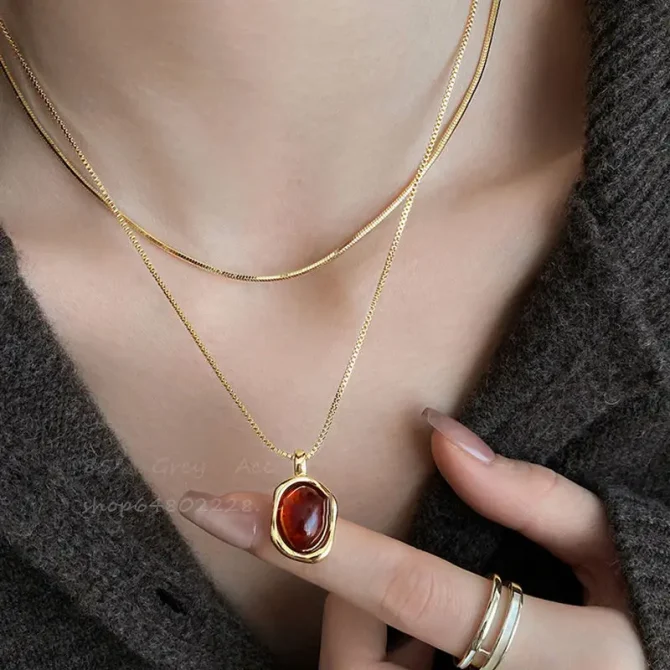 Vintage Brown Natural Stone Pendant Necklace for Women Fashion Geometric Long Leather Rope - Image 3